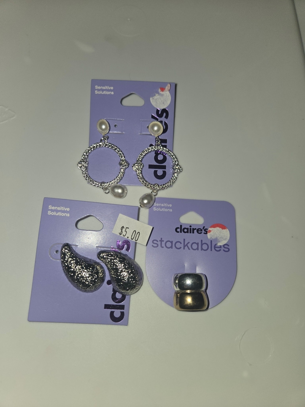 Claire's Silver & Pearl Hoop and Stud Earring Trio